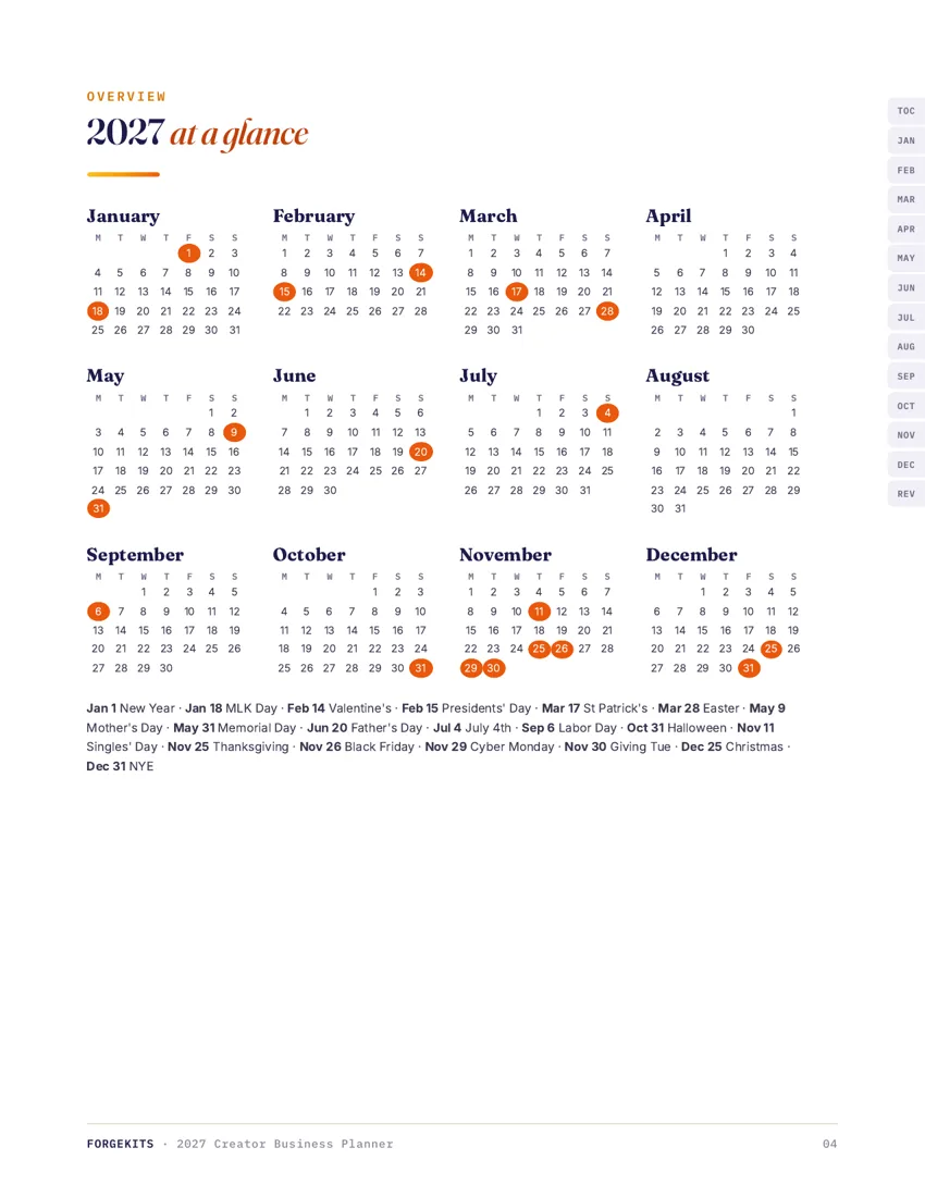 2027 year-at-a-glance page from the ForgeKits 2027 Creator Business Planner