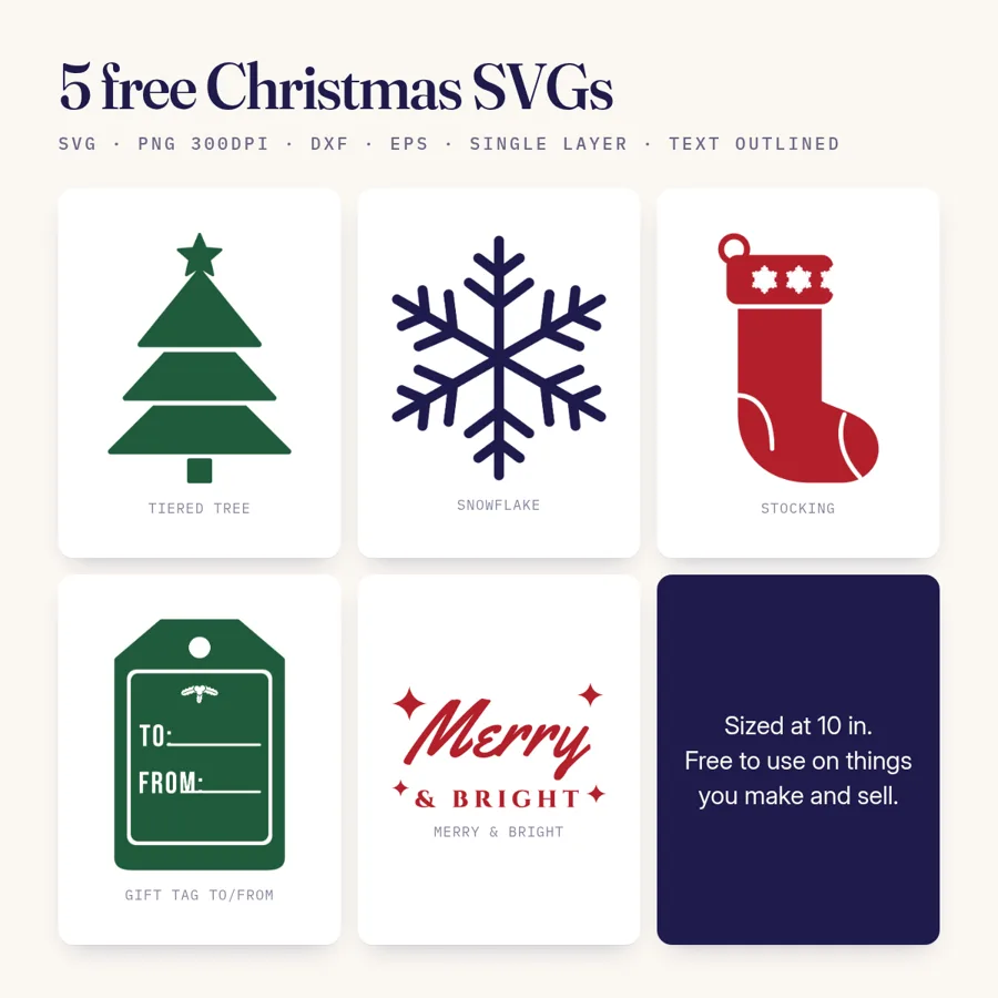 Five free Christmas SVG designs: Merry and Bright, a To/From tag, a tiered tree, a snowflake and a stocking