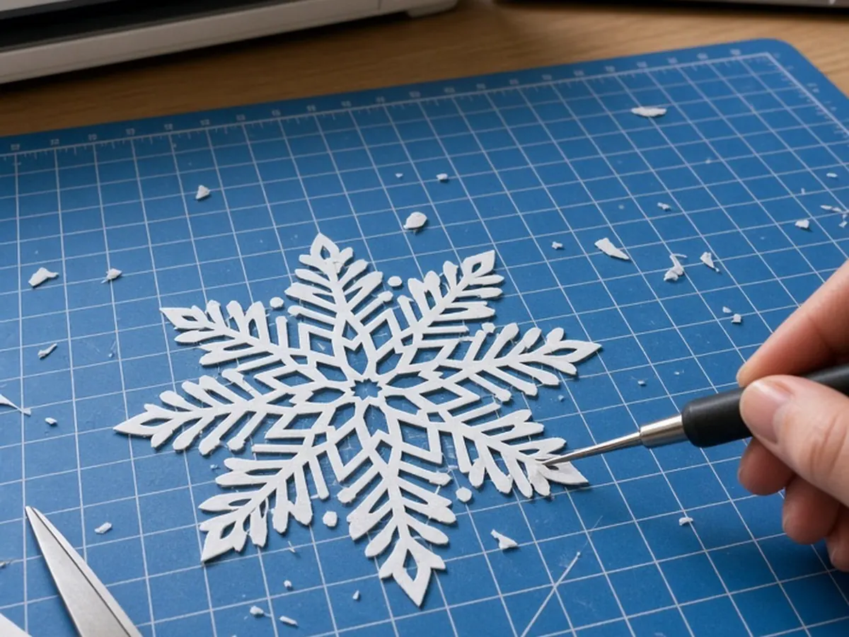 A cut snowflake design on a cutting mat