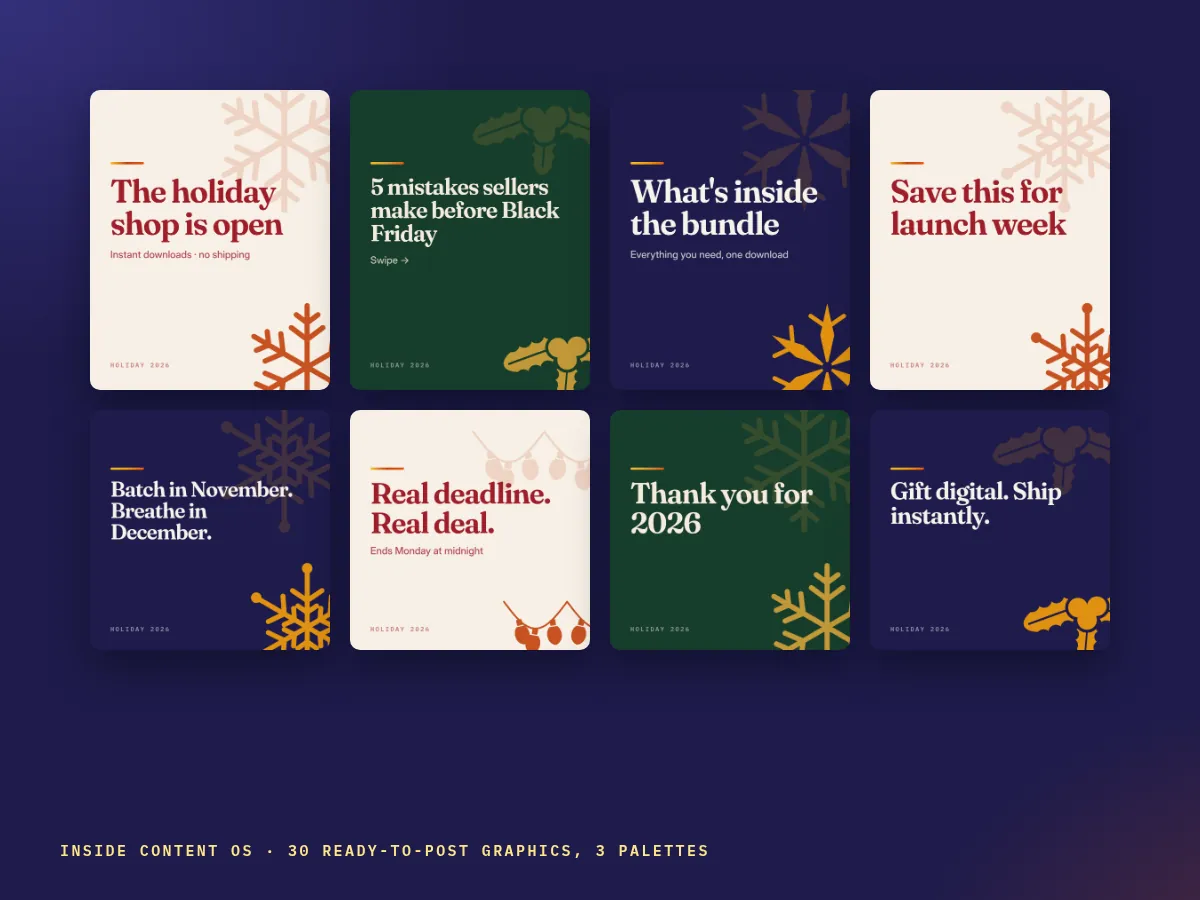 Eight of the 30 ready-to-post holiday graphics in three palettes