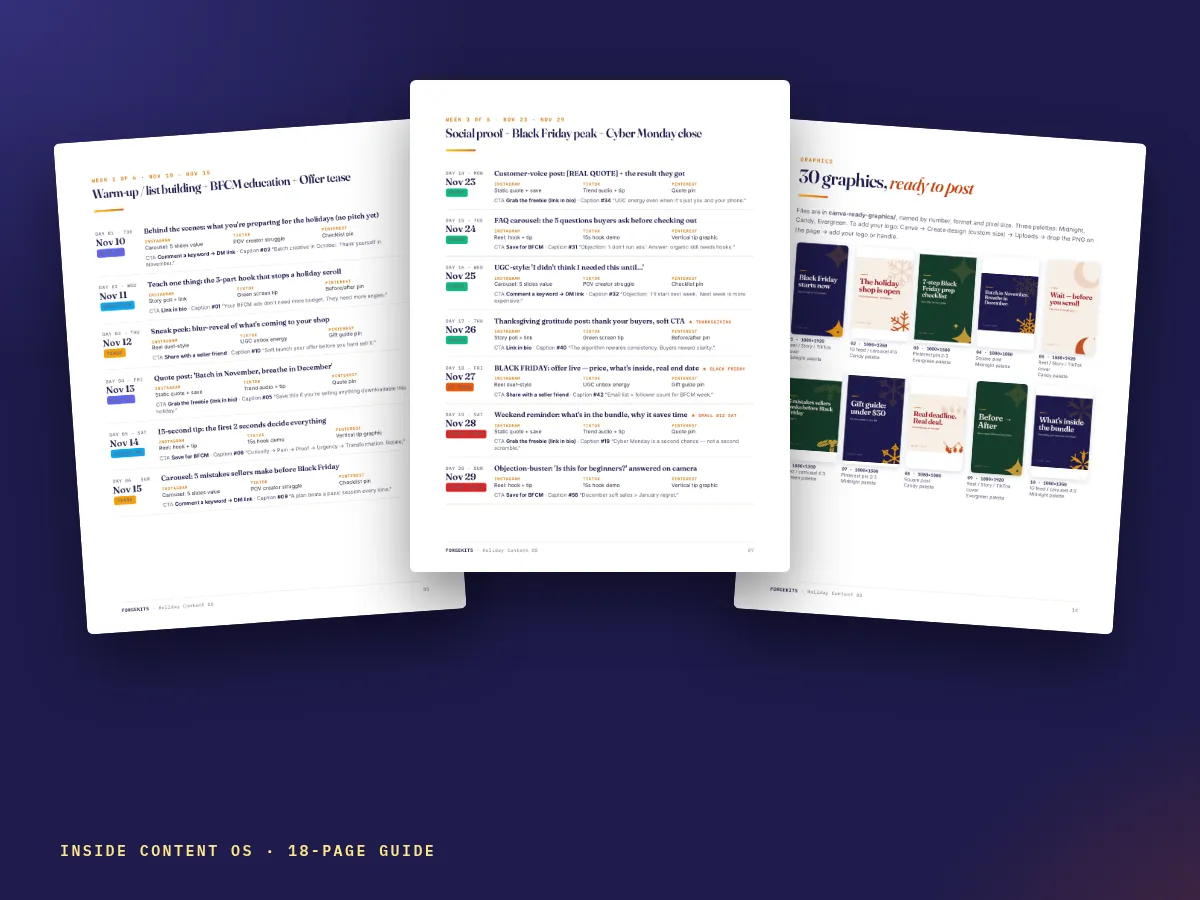 Pages from the 18-page Holiday Content OS guide