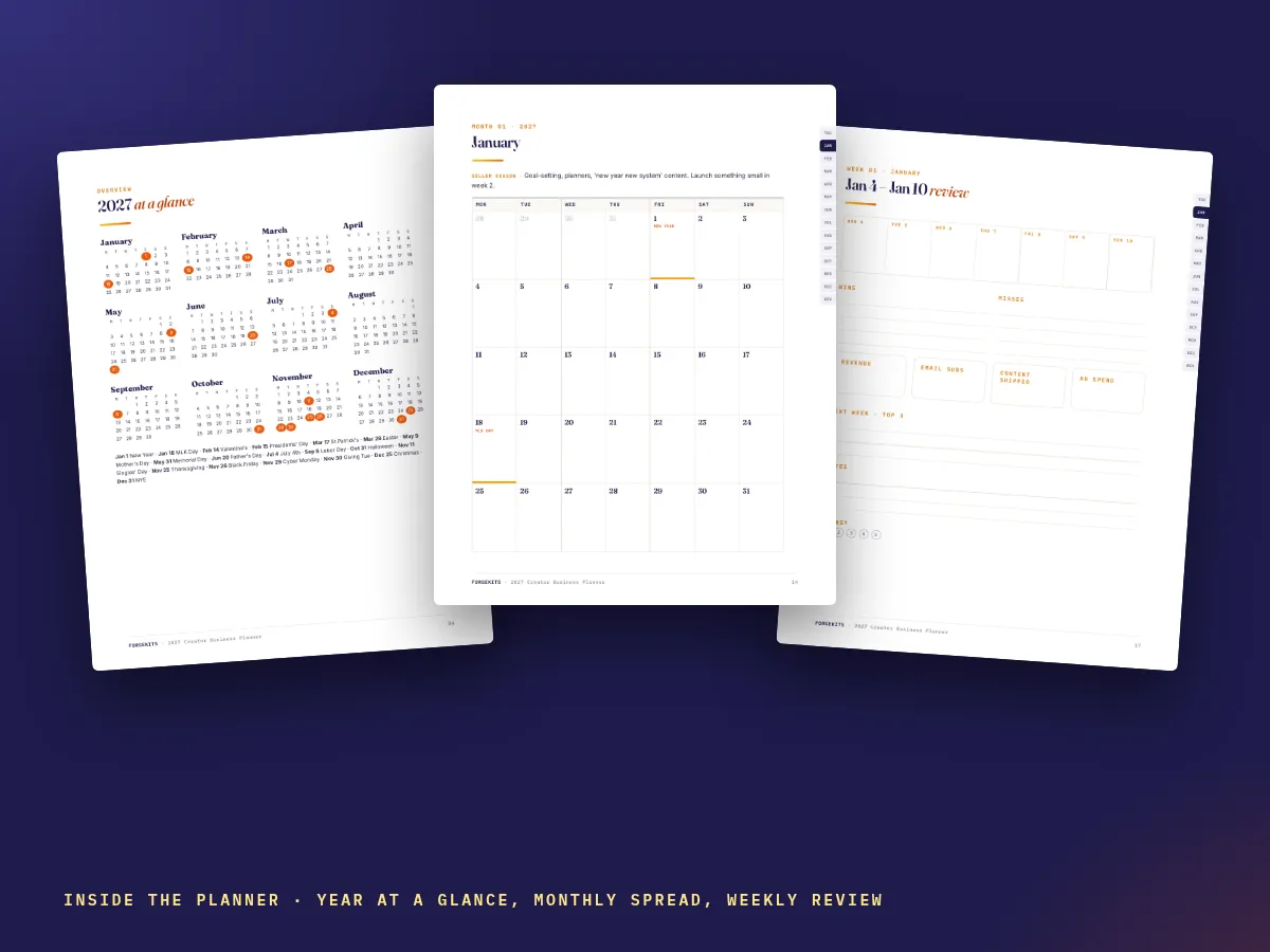 Year at a glance, January spread and a weekly review from the 2027 planner