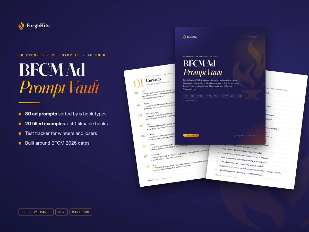 BFCM Ad Prompt Vault: 80 prompts, 20 examples, 40 hooks and a test tracker