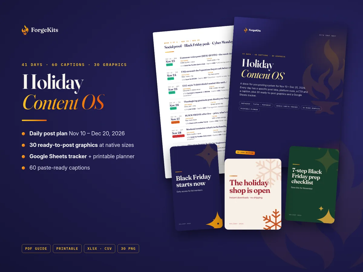 Holiday Content OS: 41-day calendar, 60 captions and 30 graphics