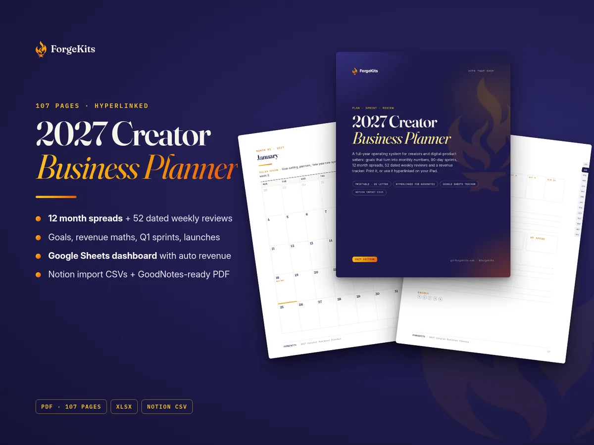 2027 Creator Business Planner: 107-page PDF, XLSX tracker and Notion imports