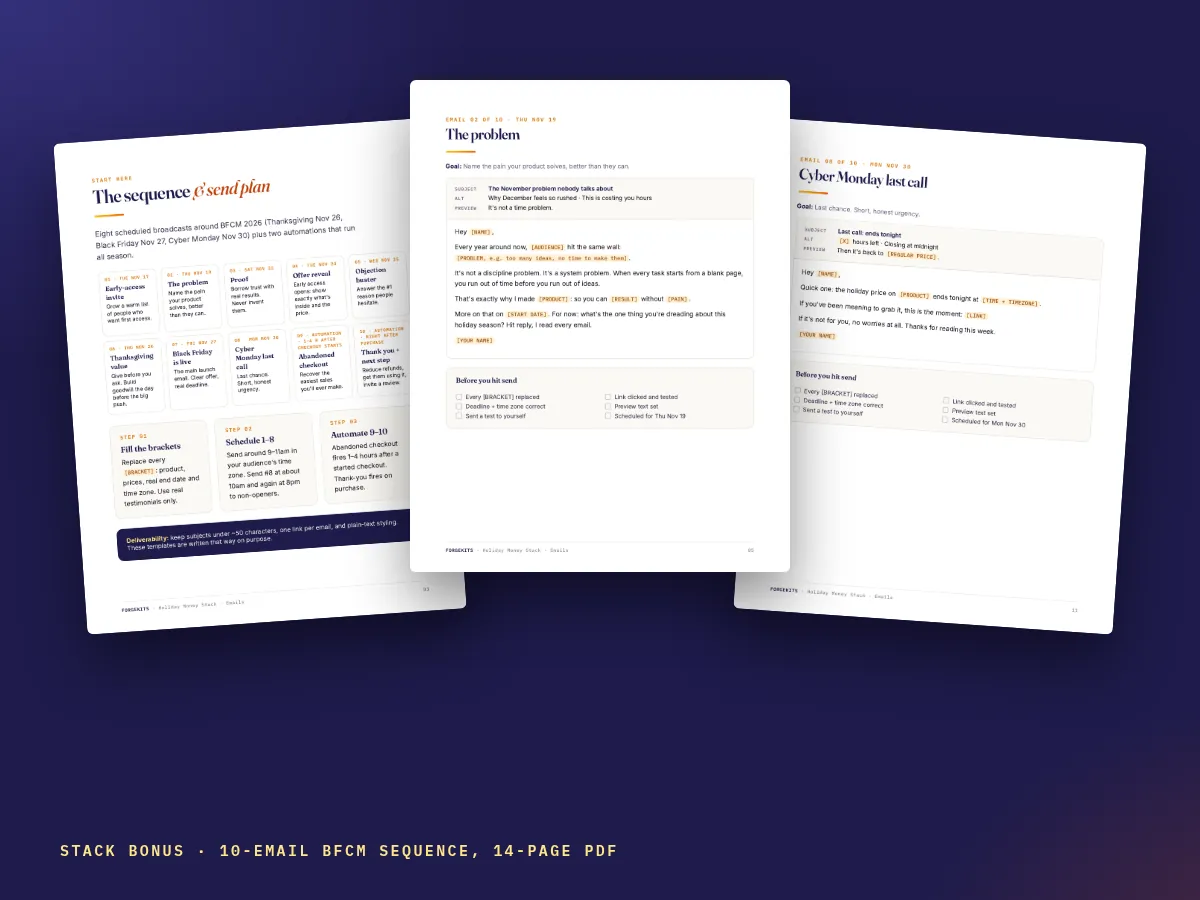 Pages from the 14-page BFCM email sequence PDF