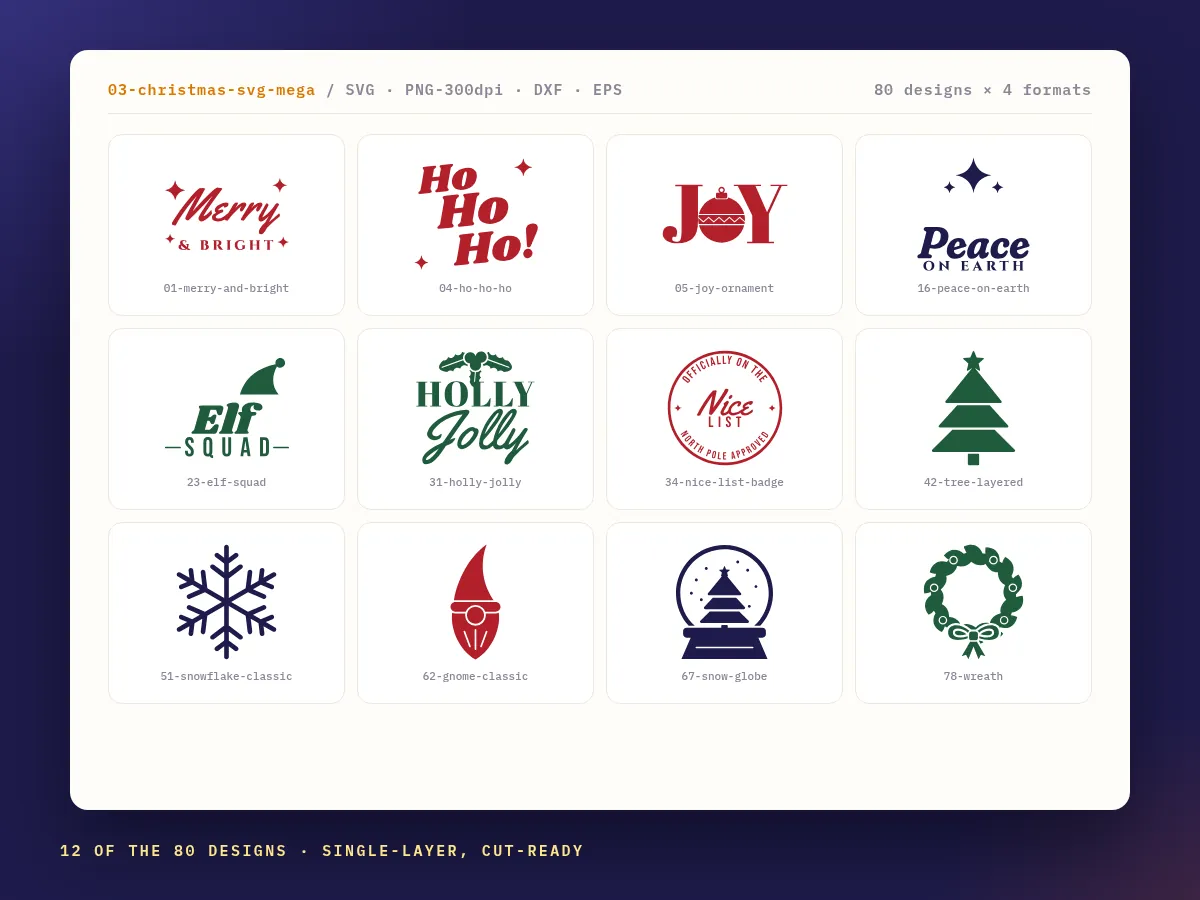 Twelve of the 80 Christmas designs in the bundle