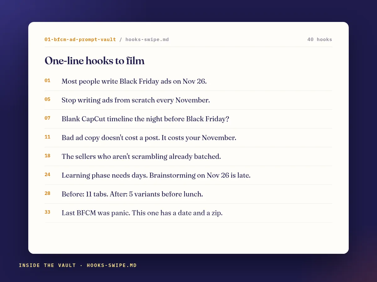 Page from the hooks swipe file showing one-line Black Friday hooks