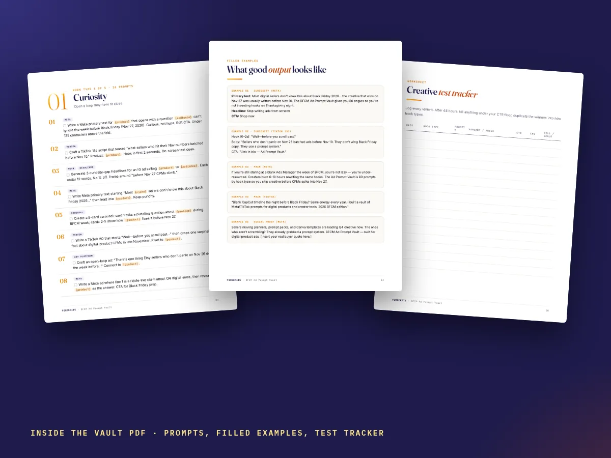 Pages from the 21-page Vault PDF: a hook section, a filled example and the test tracker